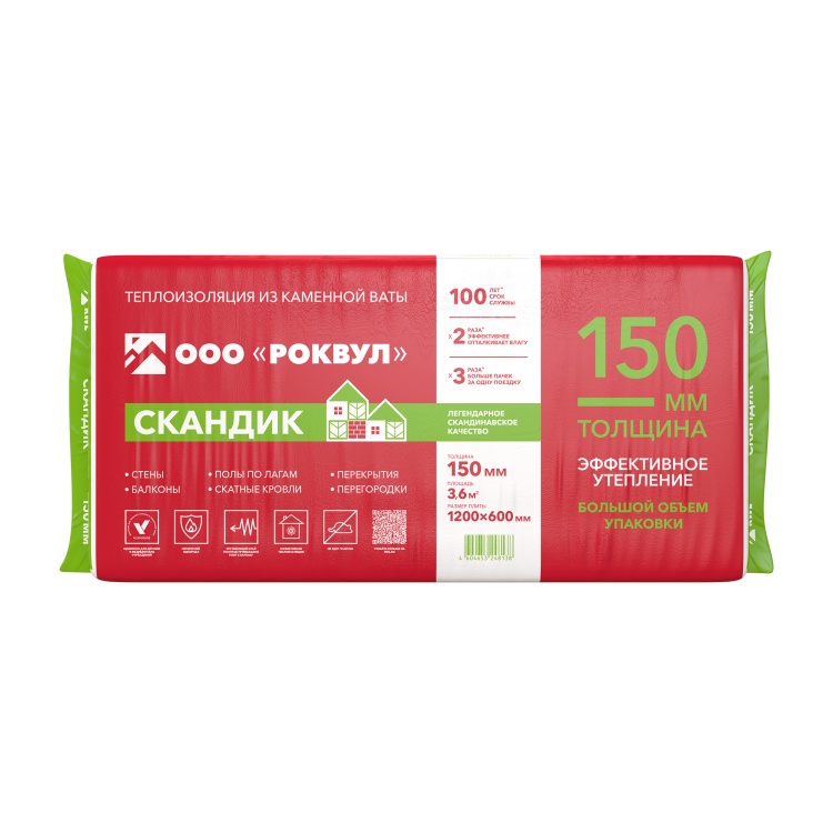 Утеплитель Rockwool Лайт Баттс скандик 1200х600х150 мм, 5 шт. уп