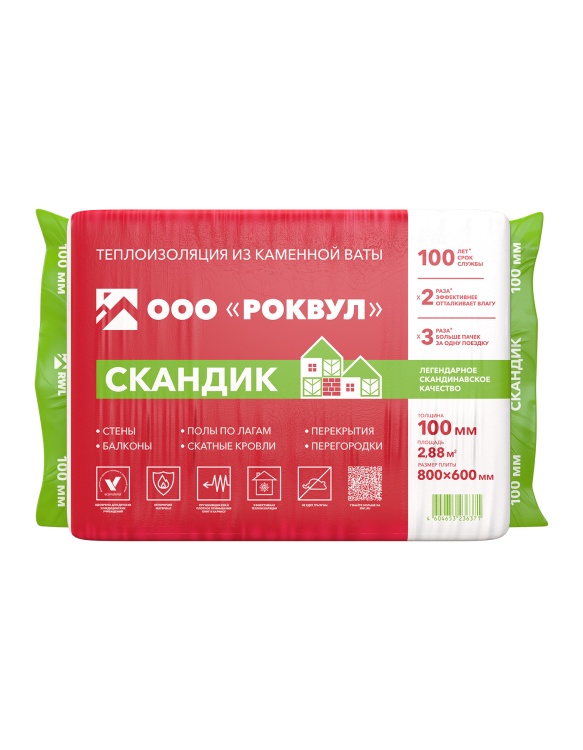 Утеплитель Роквул Лайт Баттс скандик 800х600х100 мм, 6 шт. уп