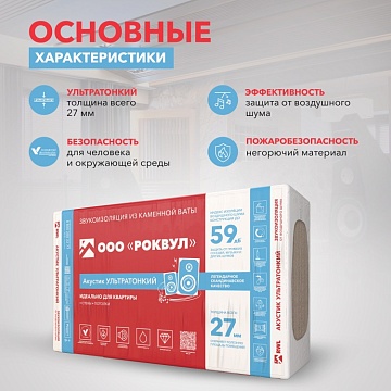 Шумоизоляция Роквул Акустик Баттс Ультратонкий для стен, перегородок и потолка, 1000х600х27 мм, 12 шт/уп, 7,2 м²