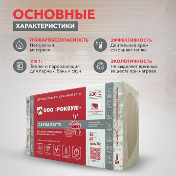 Утеплитель Роквул Сауна Баттс фольгированный 1000х600х50 мм, 8 шт/уп, 4,8 м²